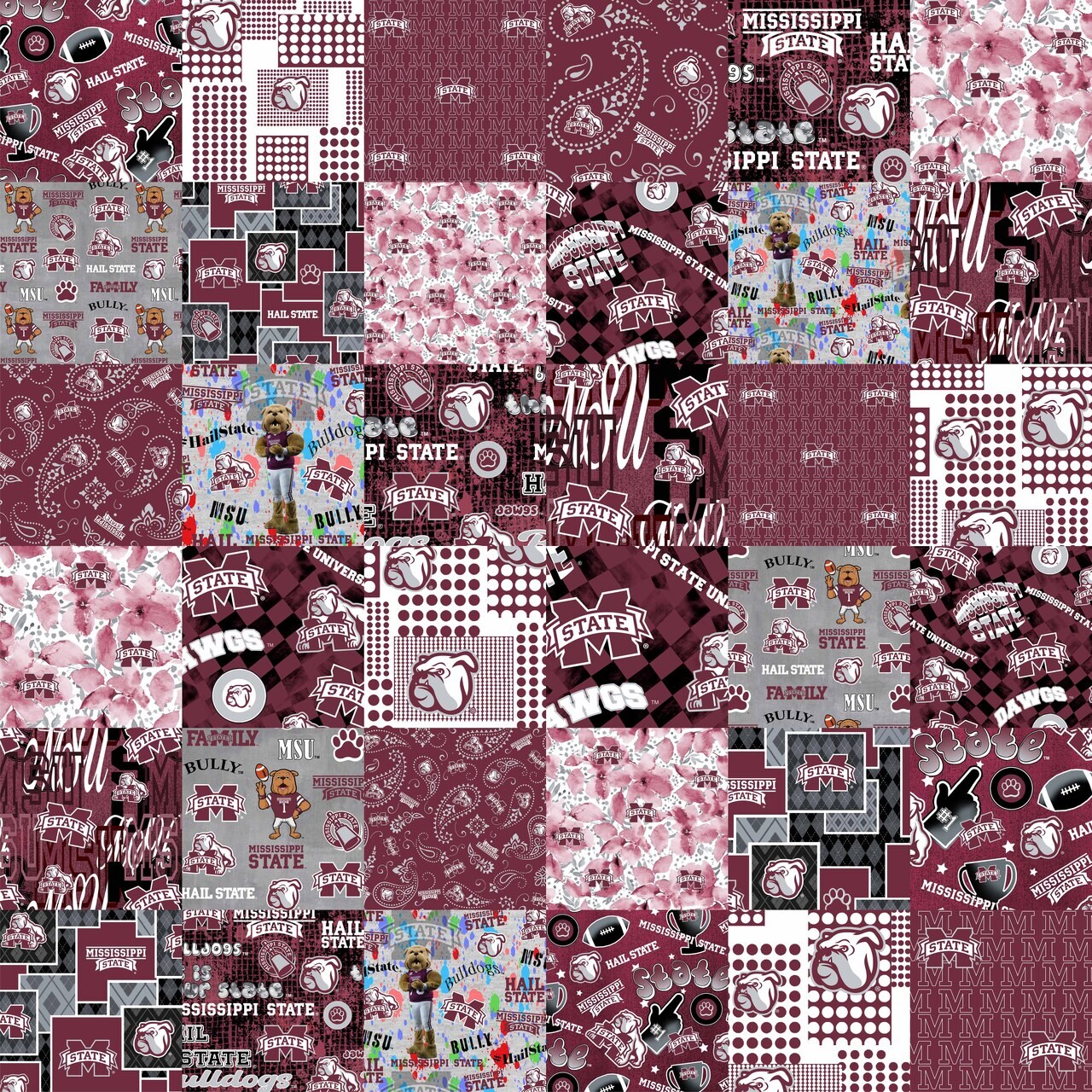 Sykel Enterprises-Mississippi State University Cheater Quilt Printed Cotton Fabric-Mississippi State Bulldogs Cotton Fabric with Patchwork Cheater Quilt Print-60” Width